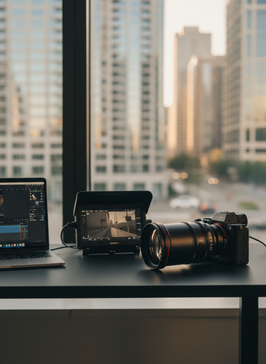 A sleek professional workspace featuring a high-end mirrorless camera body with a cinema lens and a compact cinema-grade video monitor, all arranged neatly beside a minimalist laptop on a matte black desk. The desk sits in front of a large window overlooking a softly blurred modern cityscape. Late afternoon natural light pours in, creating a gentle gradient across the equipment and subtle reflections on the lens glass. The mood is focused and aspirational, suggesting meticulous creative direction. Photographic realism, shot at eye level with a shallow depth of field that keeps the camera and laptop razor sharp while the background fades into smooth bokeh, emphasizing precision and professionalism in photo and video production.