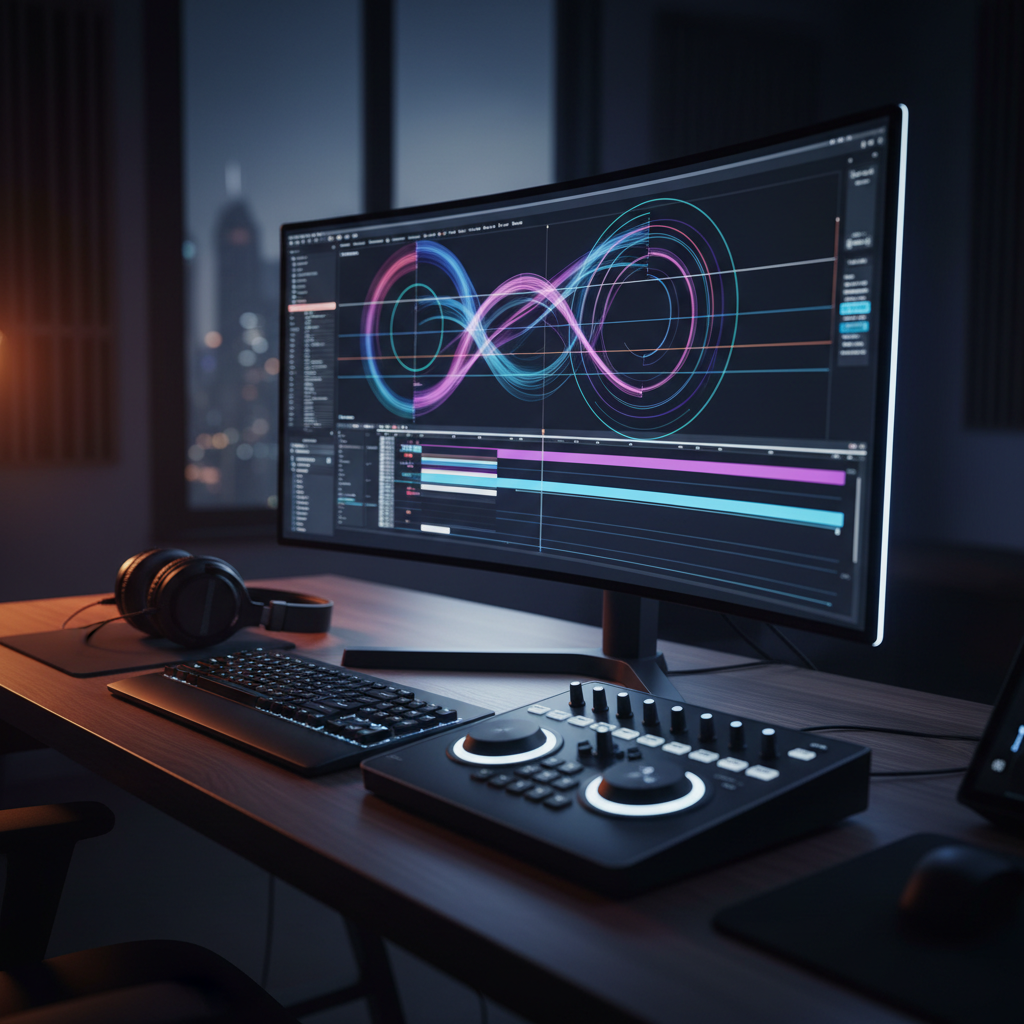 A cinematic editing suite centered on a wide, ultra-thin monitor displaying an abstract arrangement of glowing video timelines and color grading wheels, intentionally blurred to avoid legible text. Below, a low-profile keyboard, control surface with smooth dials, and studio headphones rest on a dark walnut desk. The scene is lit primarily by the monitor’s cool, ambient glow, complemented by a subtle warm accent light from the side, creating a high-contrast, moody atmosphere. Photographic realism, captured from a slightly elevated three-quarter angle, with sharp focus on the control surface and gentle falloff toward the background, evoking the intensity and precision of high-end post-production for both photo and video projects.