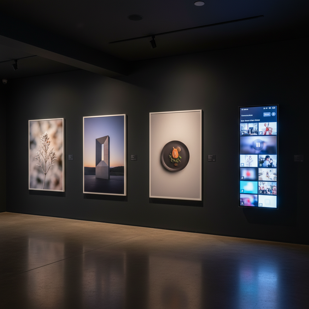 A refined portfolio showcase concept where three large, frameless prints of striking still photographs float on a dark gallery wall, while a nearby ultra-thin display screen shows an abstracted video interface with blurred thumbnails and subtle play icons, avoiding any readable text. The floor is polished concrete, reflecting soft glows from recessed ceiling lights. The lighting is a mix of focused gallery spotlights on the prints and a gentle ambient wash around the screen, creating a sophisticated, museum-like mood. Photographic realism, captured from an eye-level perspective with strong leading lines drawing the viewer toward the wall, symbolizing the integration of high-end photography and video work in a curated, professional portfolio.