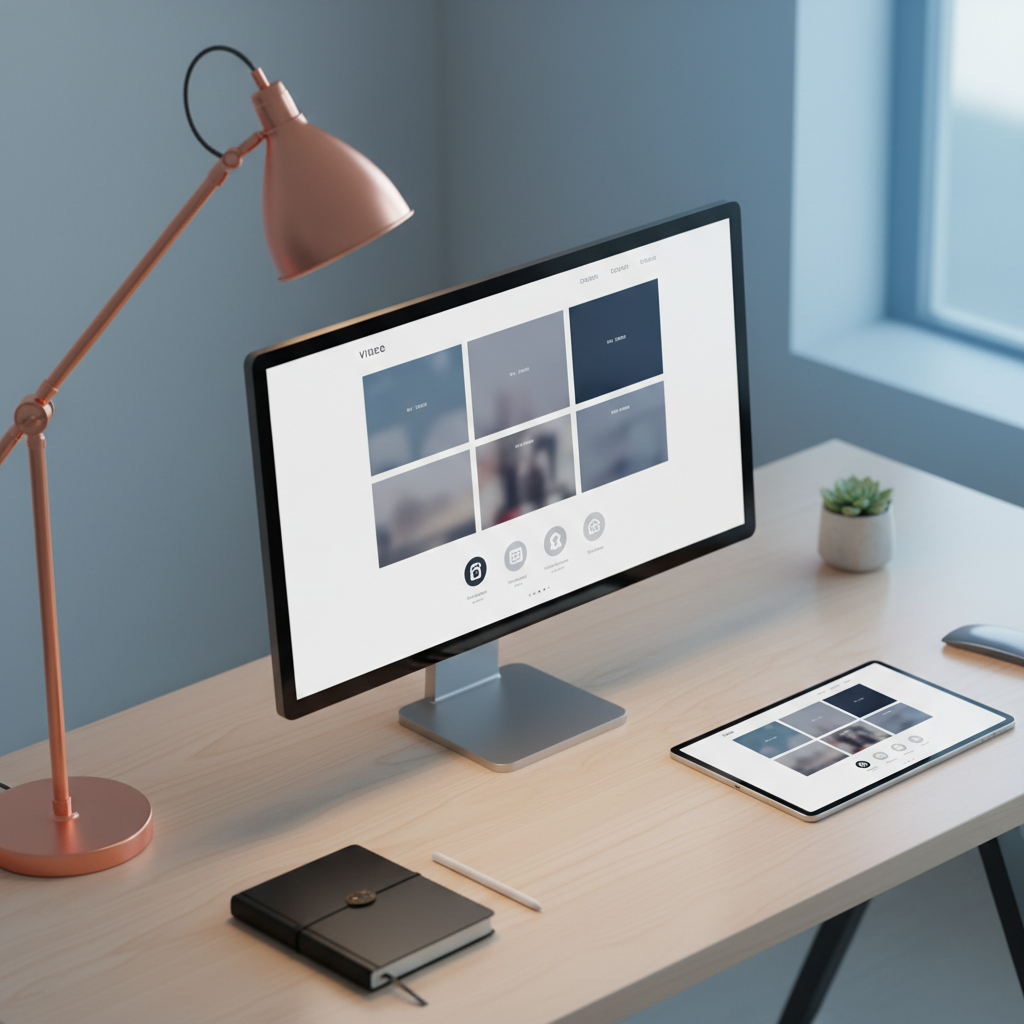 A clean, single-page website mockup displayed on a slim, modern monitor and a tablet lying beside it, both screens showing a non-legible layout of large imagery blocks for video and photo sections, plus subtle icon-style placeholders hinting at client logos without actual text. The devices rest on a pale wood desk with a small, sculptural desk lamp casting warm, directional light, balanced by cool ambient daylight from an unseen window. The scene feels orderly and contemporary. Photographic realism, captured from a three-quarter overhead angle with moderate depth of field, emphasizing the harmony between design, content, and professional presentation for a Creative Director’s portfolio.