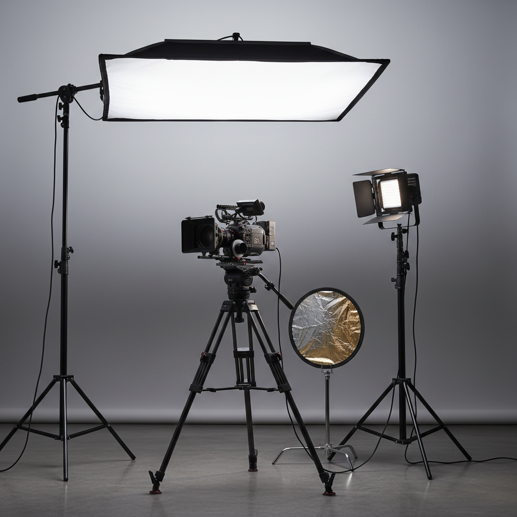 A polished studio scene featuring a professional video camera mounted on a sturdy tripod, aimed at a neutral seamless backdrop with a subtle gradient from light grey to charcoal. Around it, a softbox on a boom arm, an LED panel with barn doors, and a neatly folded reflector hint at a versatile lighting setup. Clean cable runs and carefully positioned gear underscore meticulous planning. Soft, controlled studio lighting creates gentle, wraparound illumination with delicate shadows that reveal the textures of metal, rubber grips, and fabric. Photographic realism, shot at a slightly low angle with a moderate depth of field, conveying a calm, controlled, and highly professional production environment suitable for both photography and video work.