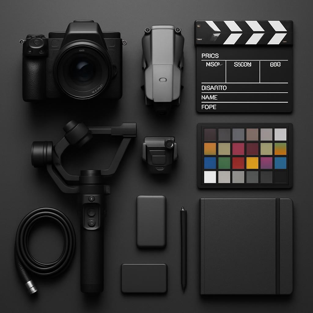 An elegant flat lay of carefully arranged photo and video production tools on a seamless charcoal-grey backdrop: a full-frame camera with a prime lens, a compact drone, a gimbal, a clapperboard, color checker, and a neatly coiled XLR cable. A slim external SSD and minimalist notebook add a hint of workflow planning. Soft, diffused studio lighting from above creates clean, shadowed contours and crisp highlights on metal and glass surfaces. The atmosphere is organized and deliberate, reflecting a Creative Director’s structured process. Photographic realism with a top-down composition, balanced and symmetrical, leaving generous negative space around the edges for potential overlay elements in a clean, modern portfolio layout.